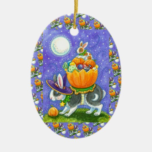 GESTAPELDE HALLOWEEN KONIJNTJES, SNOEPMAÏS, KLEURR KERAMISCH ORNAMENT (Voorkant)