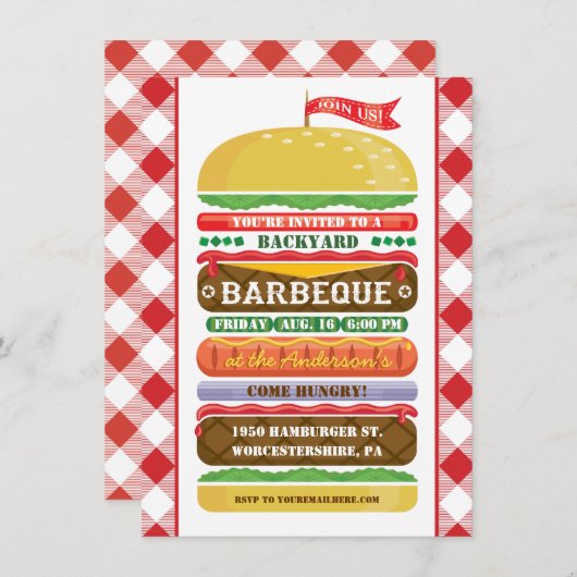 Gestapelde hamburger Barbecue Uitnodiging (Voorkant / Achterkant)