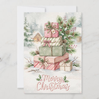 Gestapelde kerstcadeaus en gezellige winterscène feestdagenkaart