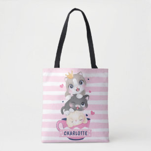 Gestapelde Moppige Cartoonkatten Roze Afgeleid Str Tote Bag