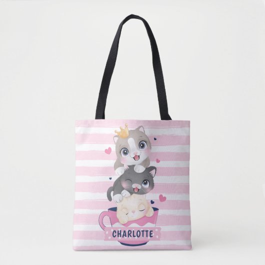 Gestapelde Moppige Cartoonkatten Roze Afgeleid Str Tote Bag (Voorkant)