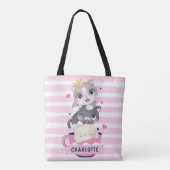 Gestapelde Moppige Cartoonkatten Roze Afgeleid Str Tote Bag (Achterkant)