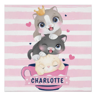 Gestapelde Moppige Cartoonkatten Roze Afgeplatte S Perfect Poster