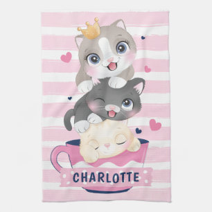 Gestapelde Moppige Cartoonkatten Roze Afgeplatte S Theedoek