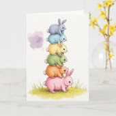 Gestapelde Pastel Konijnen Kaart (Gele Bloem)