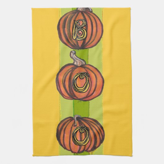 Gestapelde pompoenen keukenhanddoek BOO (Verticaal)