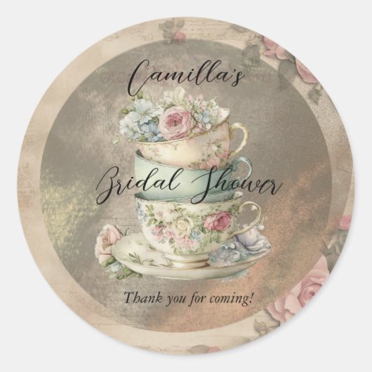 Gestapelde Theekopjes Bloemen Bruidsfeest Ephemera Ronde Sticker (Voorkant)