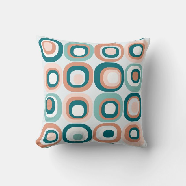 Gestapelde Vierkanten Mid Century Mod Teal, Perzik Kussen (Voorkant)