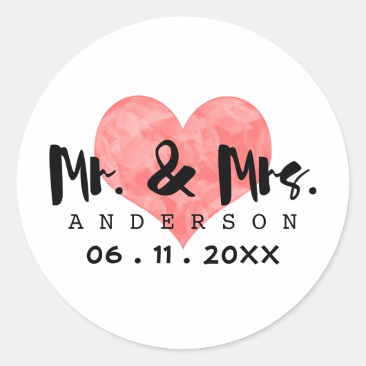gestempeld hart Mr & Mrs trouwdatum Ronde Sticker (Voorkant)