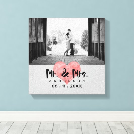 Gestempeld hart rustieke Mr. & Mrs bruiloft Canvas Afdruk (Insitu (Houten vloer))