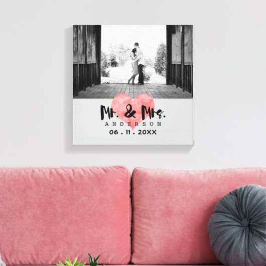 Gestempeld hart rustieke Mr. & Mrs bruiloft Canvas Afdruk (Insitu (Woonkamer))