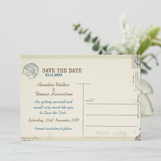 gestempelde briefkaart Wedding Save the date. (Staand voorkant)