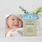 Gestempelde Monogram Geboorteaankondiging :: blauw Aankondiging (Staand voorkant)