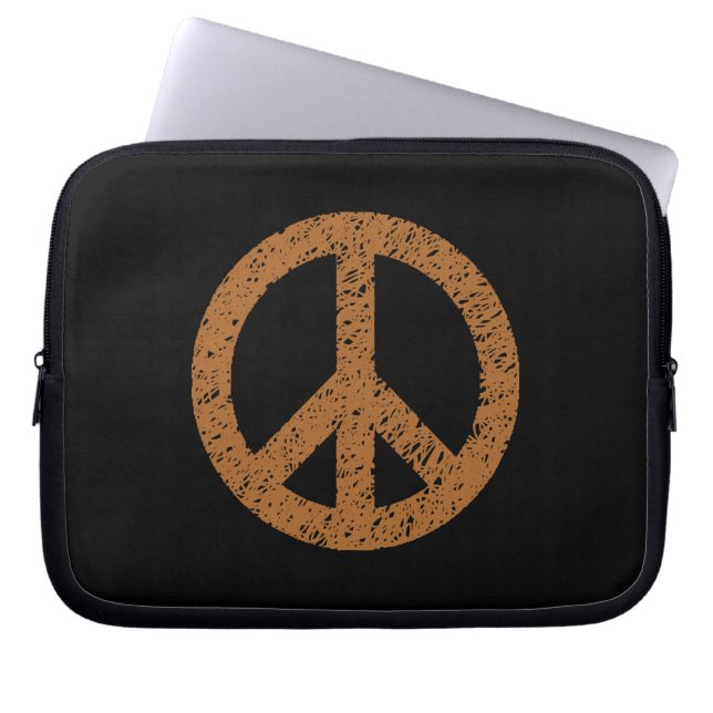 Gestenciled Peace Symbol - Bruin op Blk Laptop Sleeve (Voorkant)