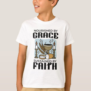 Gesterkt door genade, in stand gehouden door geloo t-shirt