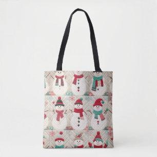 Gesteven patroon van sneeuwmannen tote bag