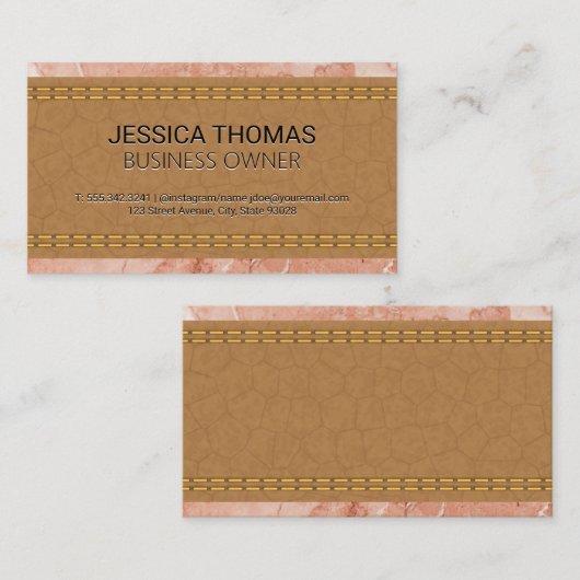 Gestikte bruine leder | Marmer Visitekaartje (Voorkant / Achterkant)