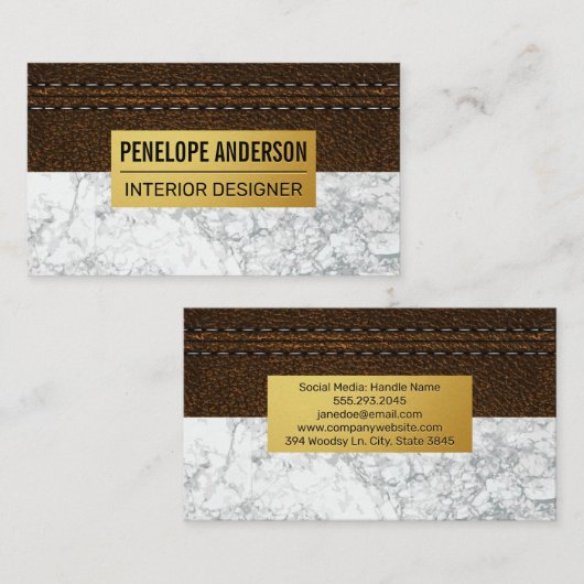 Gestikte bruine leer | Goud metaal | Witte marmer Visitekaartje (Voorkant / Achterkant)