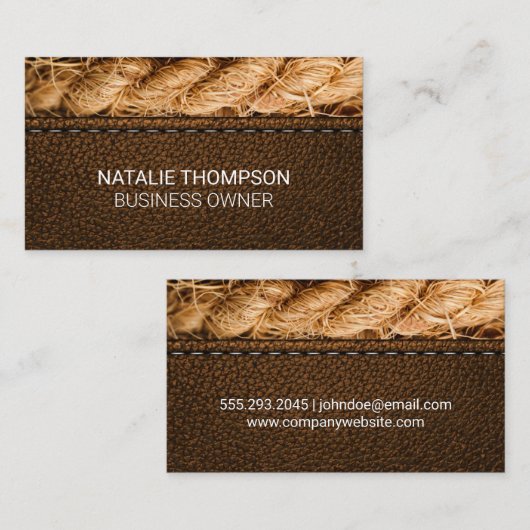 Gestikte bruine leren | Touw Visitekaartje (Voorkant / Achterkant)