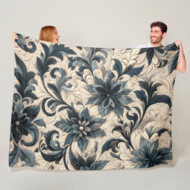Gestikte Crème en Marineblauwe Bloemendesign Fleece Deken