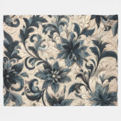 Gestikte Crème en Marineblauwe Bloemendesign Fleece Deken (Voorkant (Horizontaal))