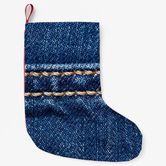 Gestikte denim: close-up jeans textuur. kleine kerstsok (Voorkant)