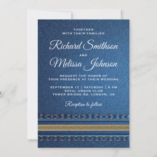 gestikte denim rits jeans bruiloft uitnodiging (Voorkant)