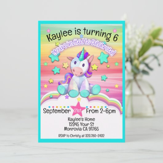 Gestikte Eenhoorn verjaardagsfeestuitnodiging Kaart (Staand voorkant)