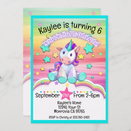 Gestikte Eenhoorn verjaardagsfeestuitnodiging Kaart (Voorkant / Achterkant)