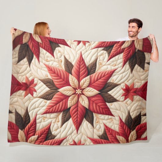 Gestikte Poinsettia Rood Patroon Fleece Deken (In situ)