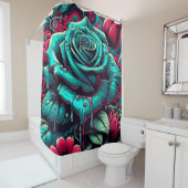 "Gestileerd blauw Roos met regendruppels" Douchegordijn (In situ)