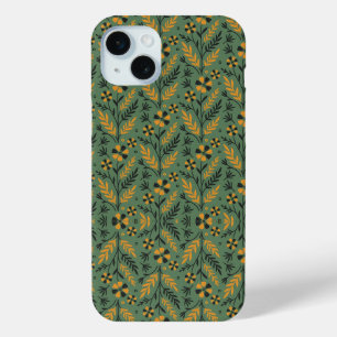 Gestileerd botanisch oranje en zwart bloempatroon iPhone 15 mini hoesje