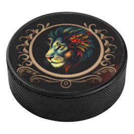 Gestileerd Leeuwenkopportret in Mandala Frame Hockey Puck