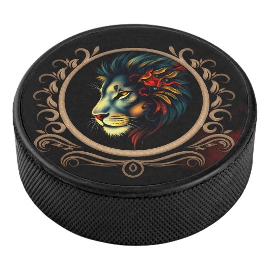 Gestileerd Leeuwenkopportret in Mandala Frame Hockey Puck (3/4)