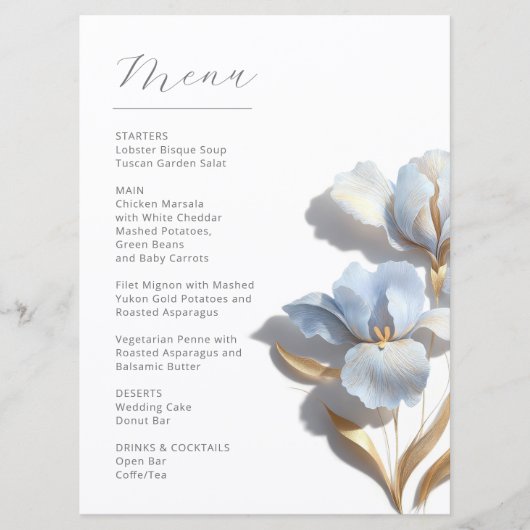 Gestileerde 3D leliebloemen blauw goud Menu (Voorkant)