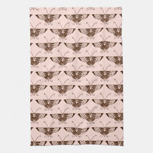 Gestileerde Art Deco vlinder - chocolade en perzik Theedoek (Verticaal)
