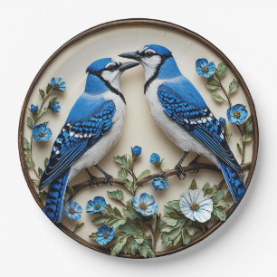 Gestileerde Blauwe Gaaien te midden van Decoratief Papieren Bordje