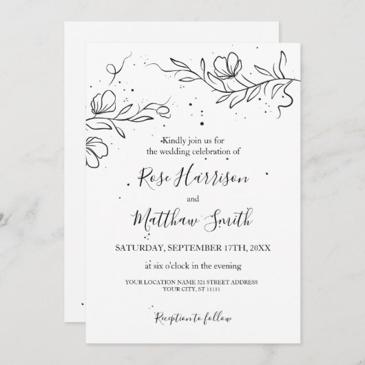 Gestileerde bloeiende tak en inktdruppels Bruiloft Kaart (Voorkant / Achterkant)