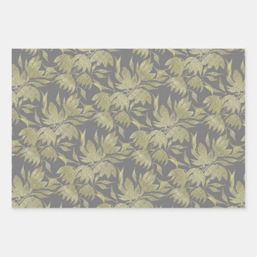 Gestileerde Bloemen Art Deco Gouden en Grijs Inpakpapier Vel (Voorkant)