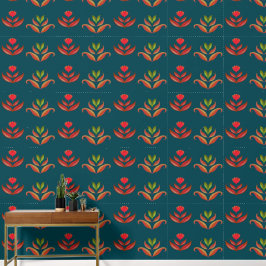 Gestileerde Bloemen Turquoise & Burnt Sinaasappel  Behang