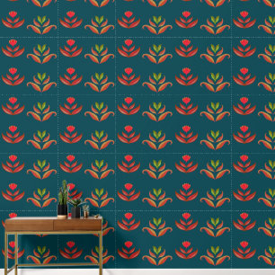 Gestileerde Bloemen Turquoise & Burnt Sinaasappel Behang