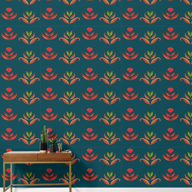 Gestileerde Bloemen Turquoise & Burnt Sinaasappel  Behang (Hal)