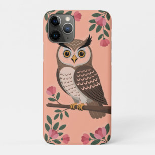 Gestileerde bruine uil op tak met roze bloemen Case-Mate iPhone case