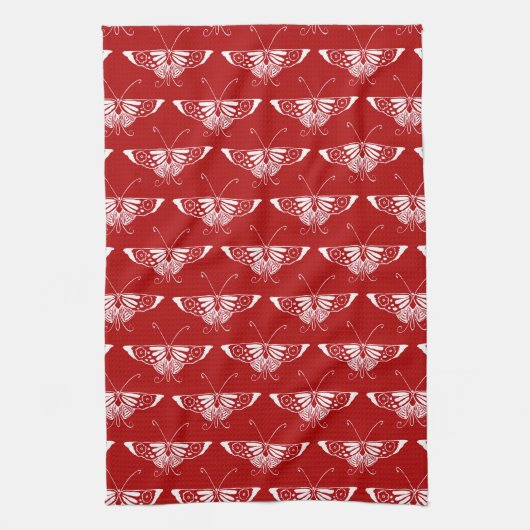 Gestileerde Deco vlinder - donkerrood en wit Theedoek (Verticaal)