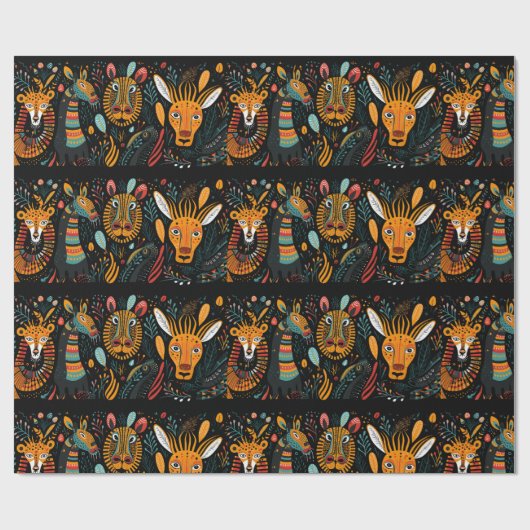 Gestileerde dieren op een zwarte achtergrond cadeaupapier (Vlak)