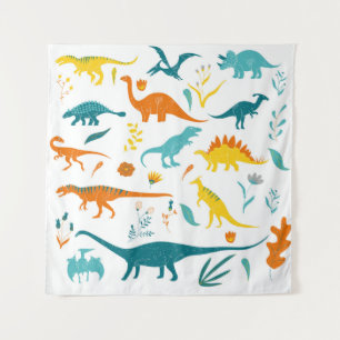 Gestileerde dinosaurussen, bloemenelementen, schat wandkleed