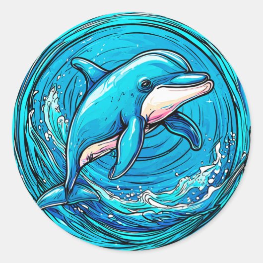 Gestileerde dolfijn zwemt in levendige blauwe golv ronde sticker (Voorkant)