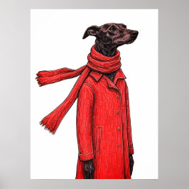 Gestileerde Greyhound-tekening met rode vintagejas Poster