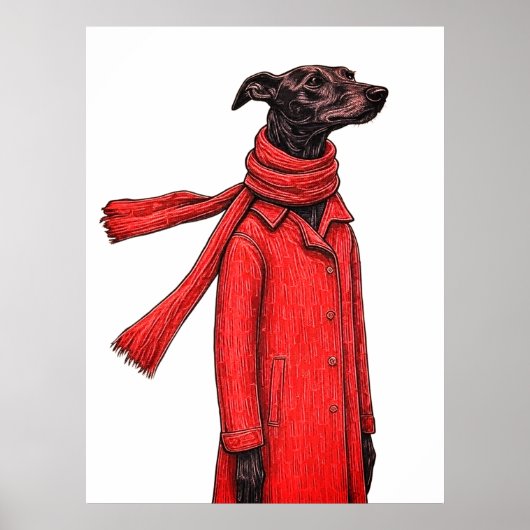 Gestileerde Greyhound-tekening met rode vintagejas Poster (Voorkant)