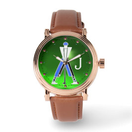 GESTILEERDE GROEN BLAUWE GOLFER, GOLFSPELER MONOGR HORLOGE